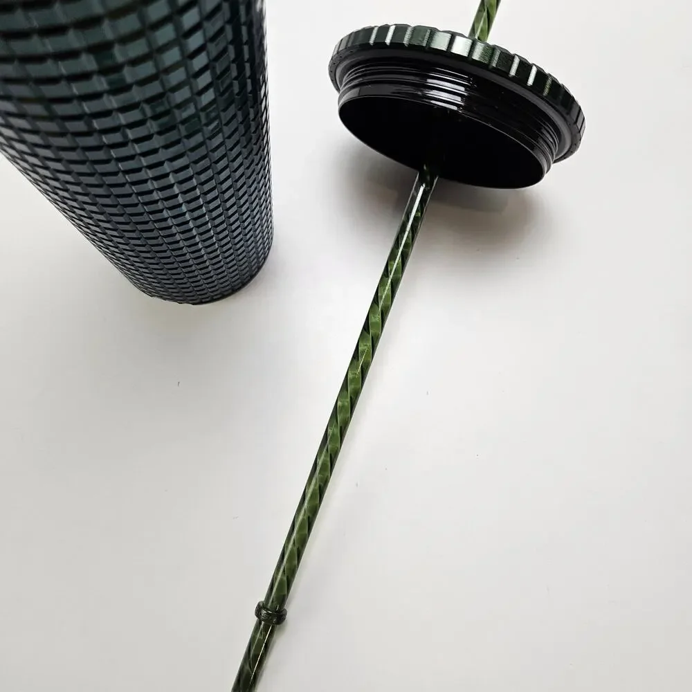 Starbucks 2021 Deep Green Disco Grid 24oz‎ Tumber Venti Straw